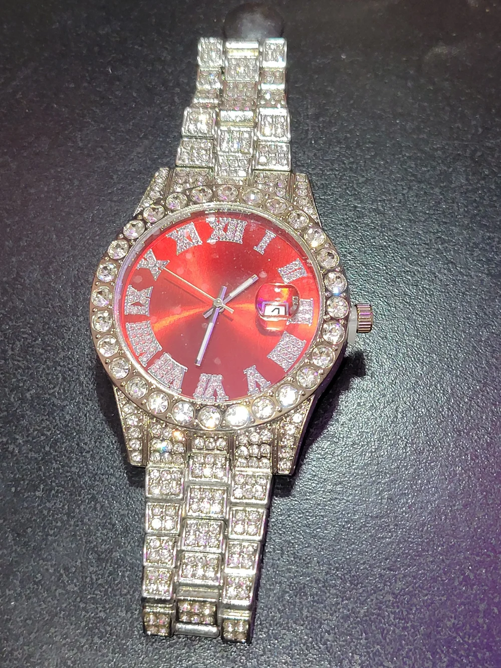 Men's Silver Iced Bracelet Watch with Red Face
